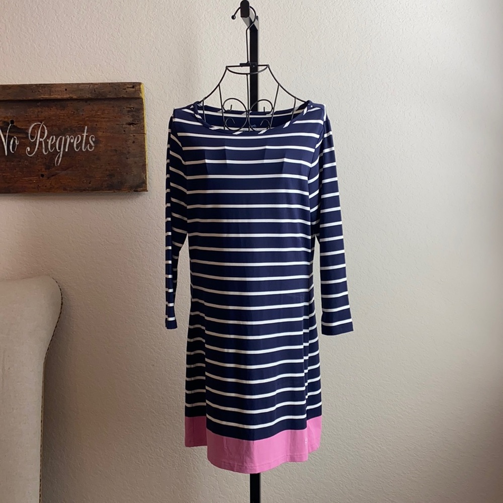 Southern tide blue and white horizontally striped dress with pink trim